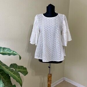 Anthropologie Oddi/ Oddy White Eyelet  3/4 bell Sleeve Top sz S Boho  tie neck